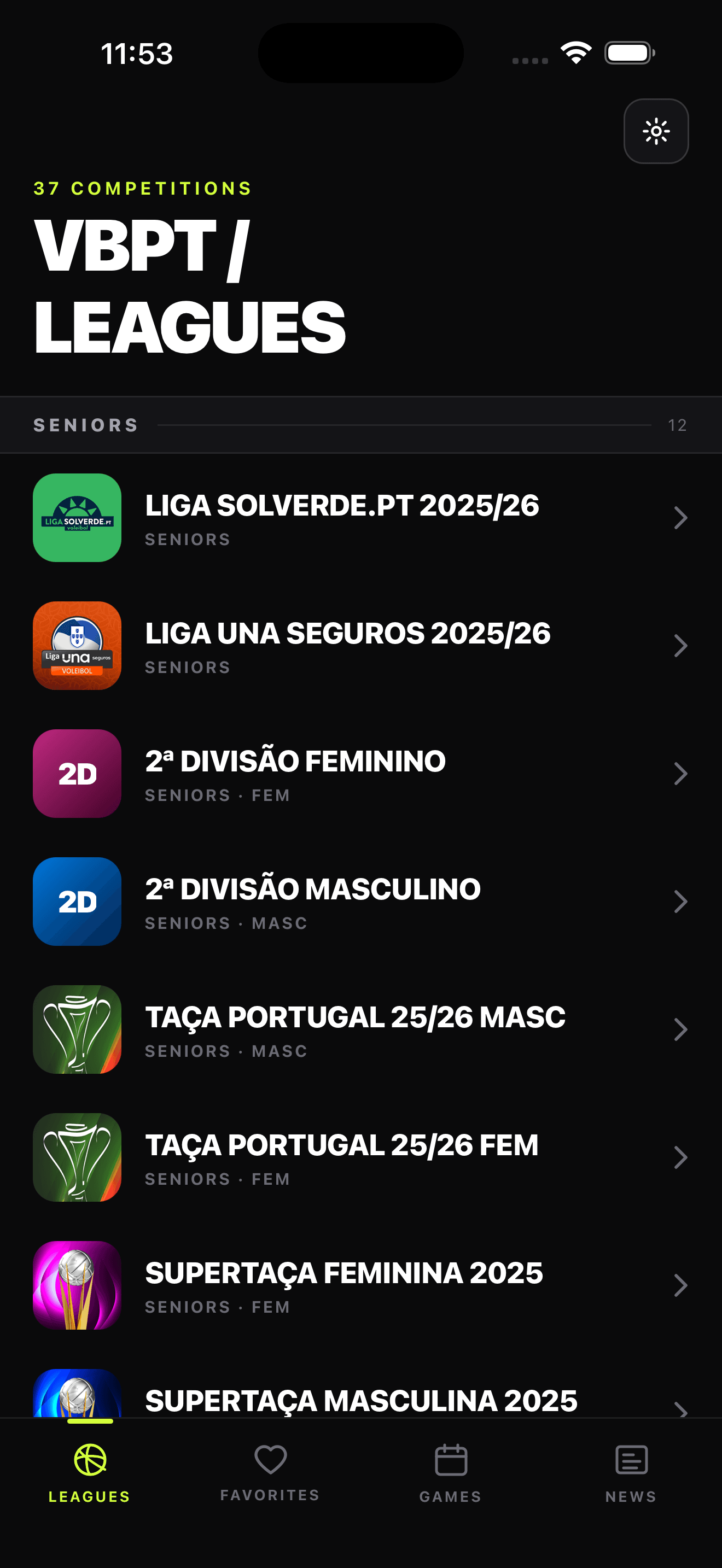 A app VBPT a mostrar a lista de competições