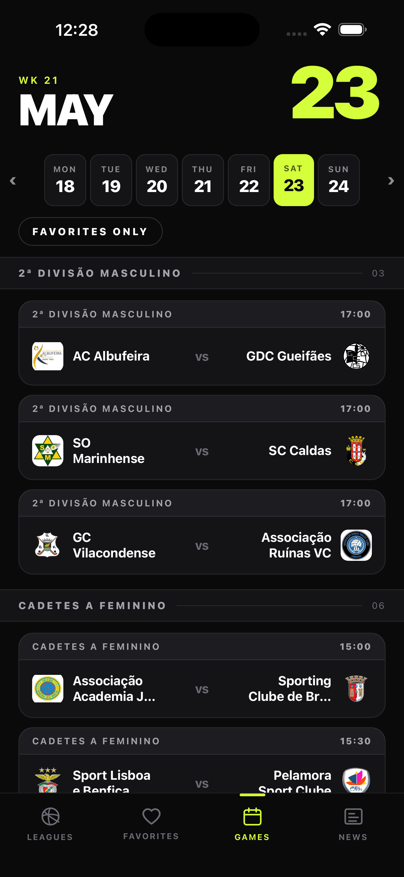 Ecrã da app VBPT: calendário