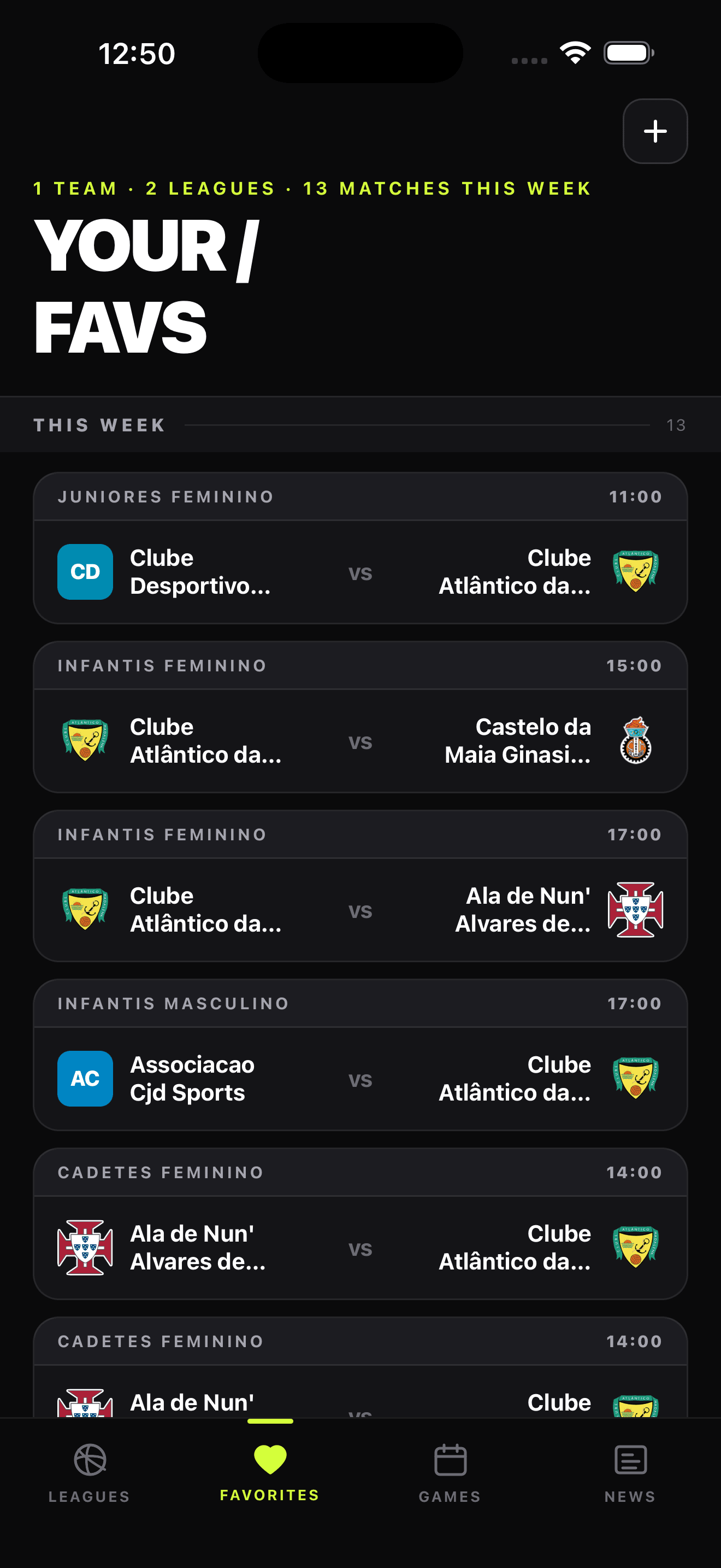 Ecrã da app VBPT: favoritos